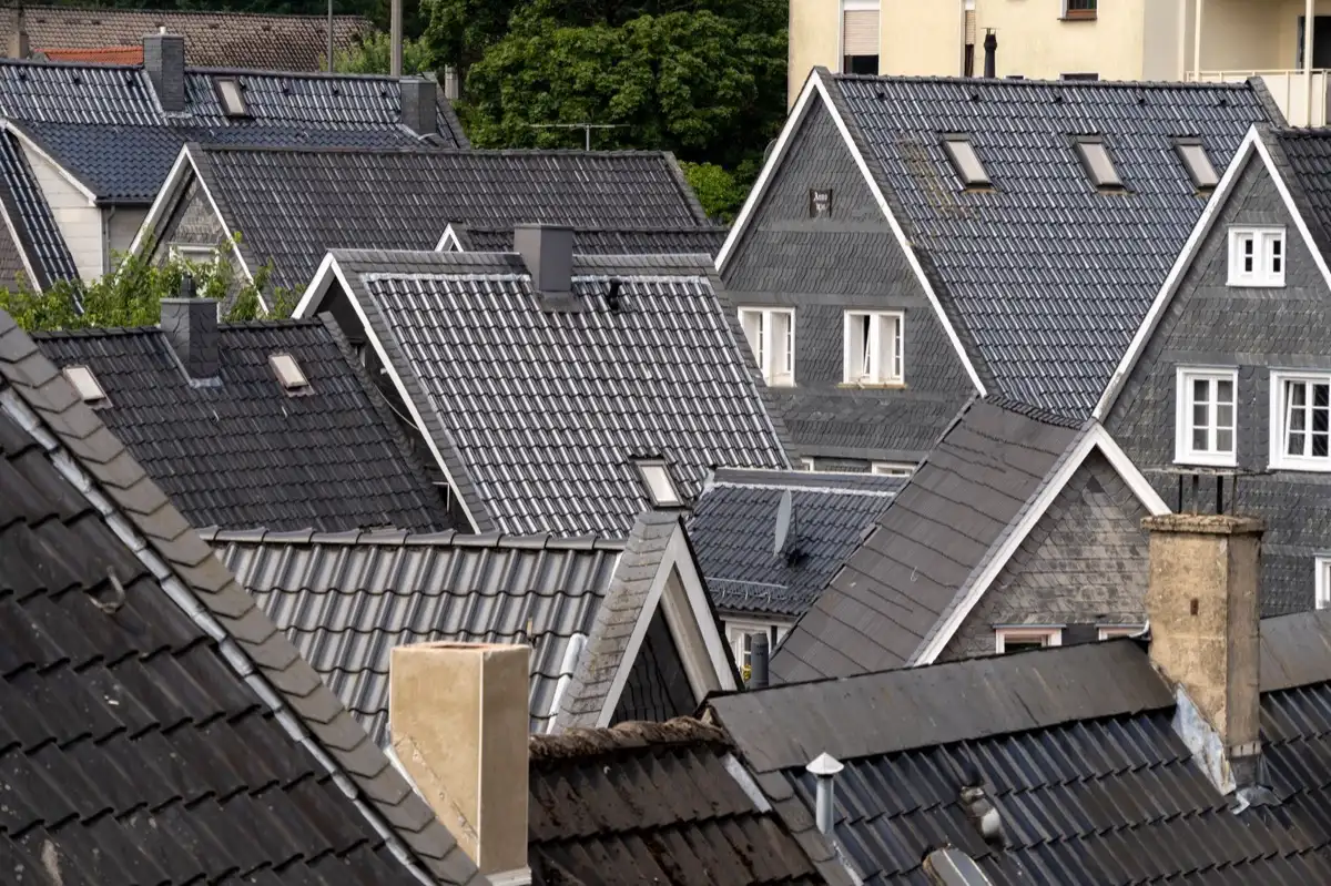 Steep roof eaves and gutter lines on houses in Bismarck, ND